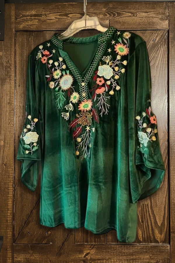 Velvet Floral Embroidered Loose Top