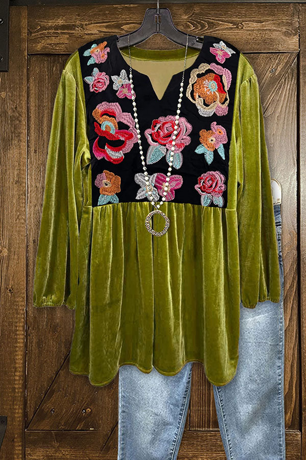 Floral Embroidered Paneled Velvet Retro Top