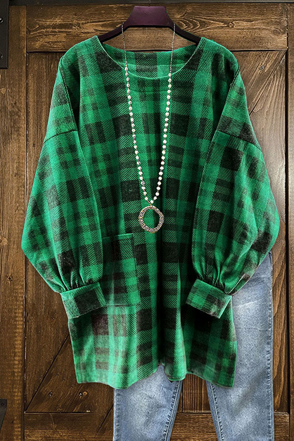 Plaid Print Crew Neck Loose Top