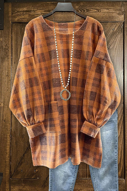 Plaid Print Crew Neck Loose Top