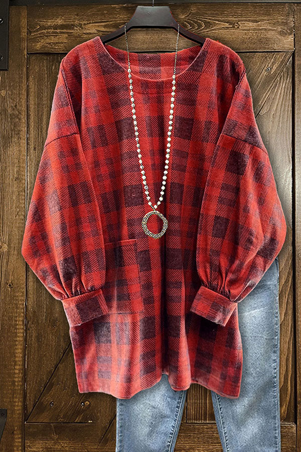 Plaid Print Crew Neck Loose Top