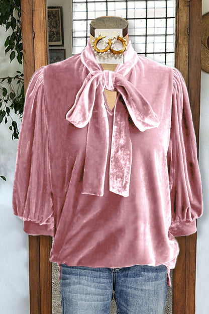 Velvet Puff Sleeves Knotted Neckline Top