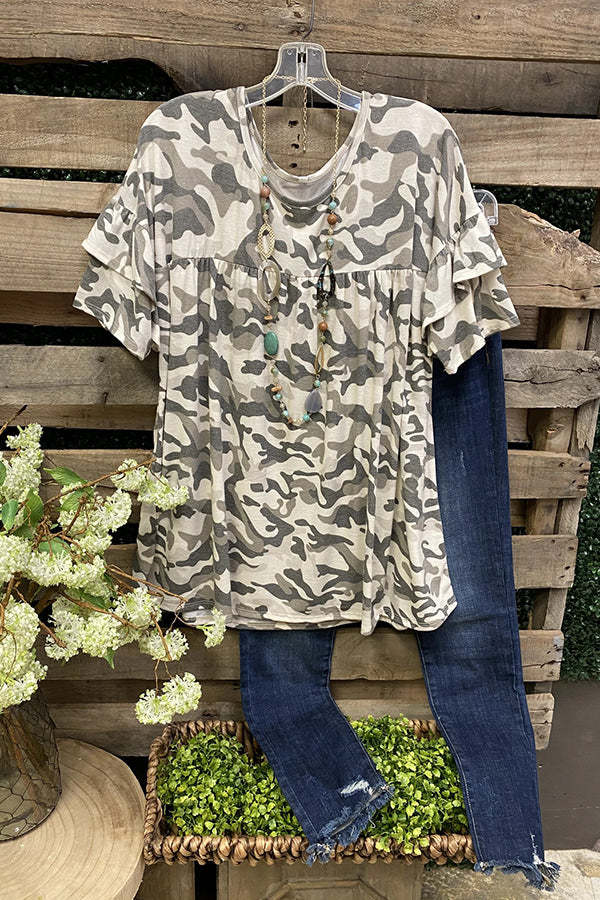 Jewel Neck Ruffle Camo T-shirt