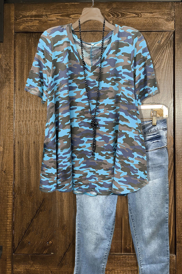 Curved Hem Camouflage Print T-shirt