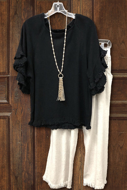 Ruffled Round Neck Cotton T-shirt