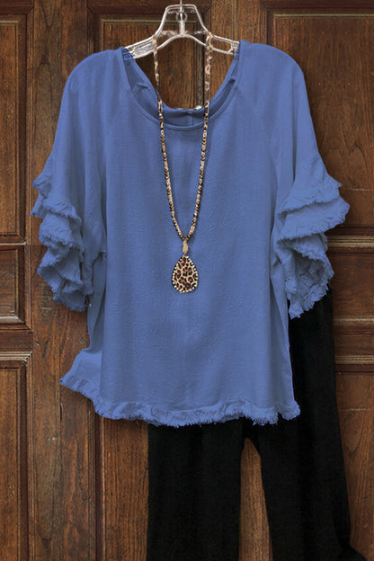 Ruffled Round Neck Cotton T-shirt