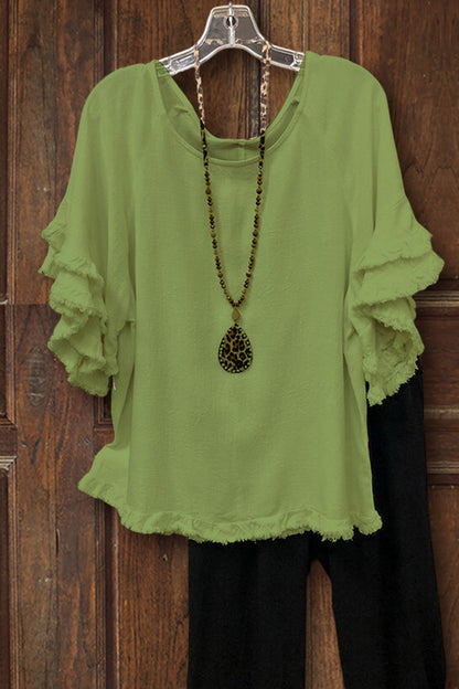 Ruffled Round Neck Cotton T-shirt