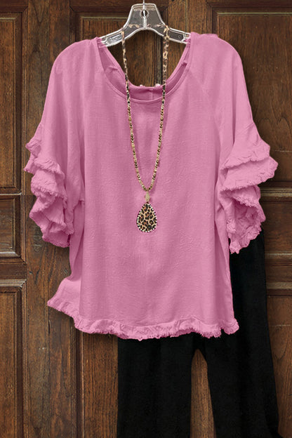 Ruffled Round Neck Cotton T-shirt