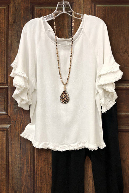 Ruffled Round Neck Cotton T-shirt