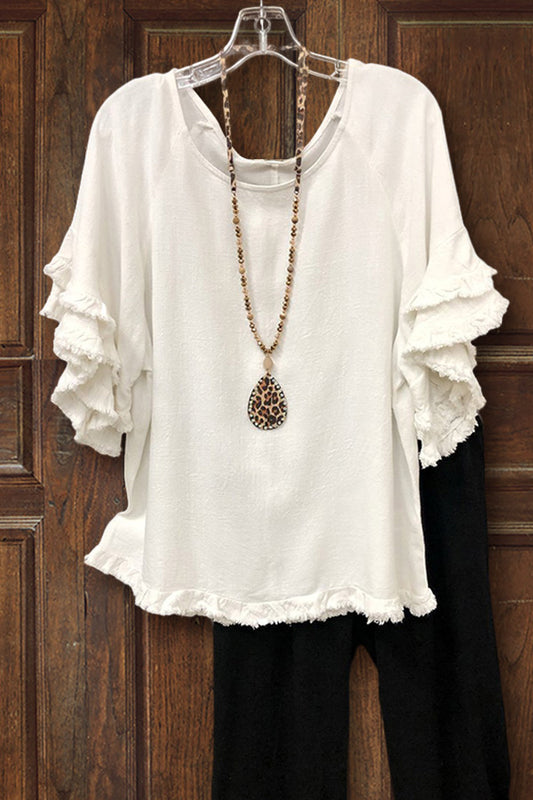 Ruffled Round Neck Cotton T-shirt