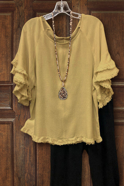 Ruffled Round Neck Cotton T-shirt