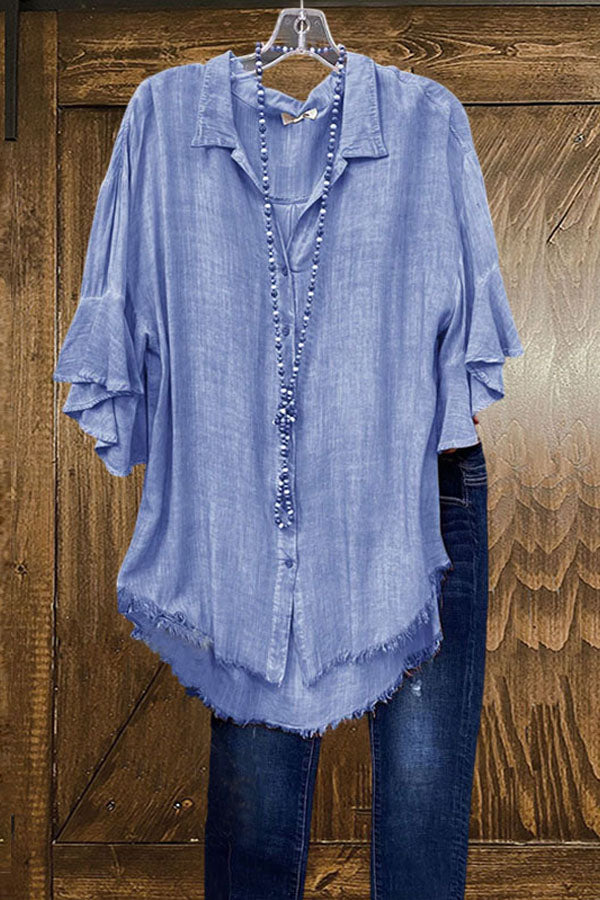 V-neck Button Ruffle Blouse