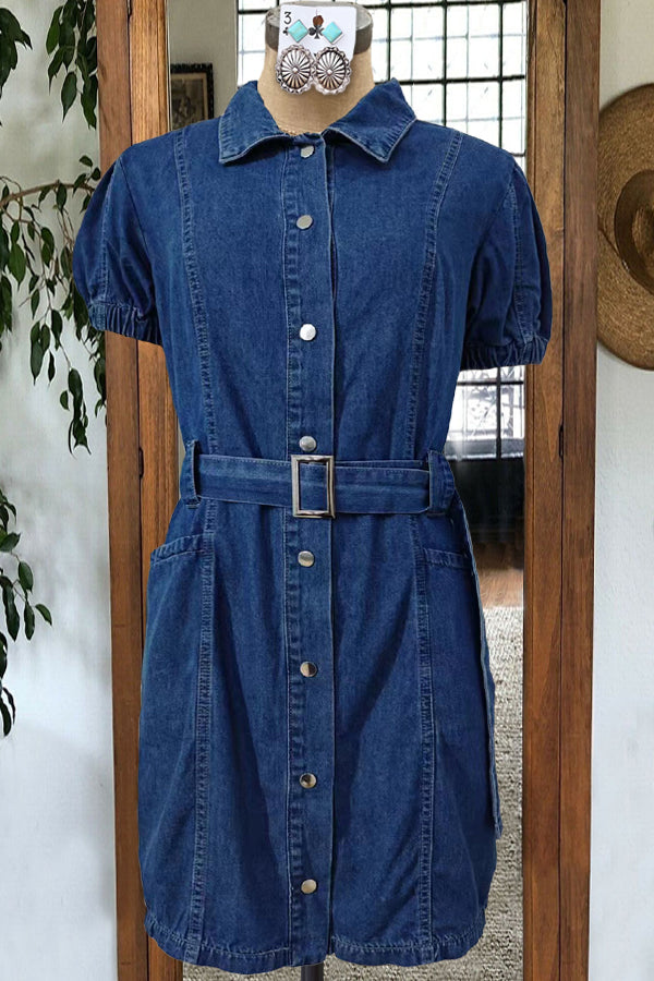 Washed Belted Denim Midi Dress