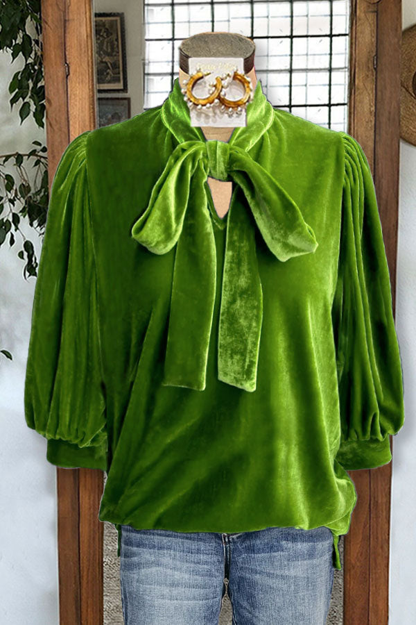 Velvet Puff Sleeves Knotted Neckline Top