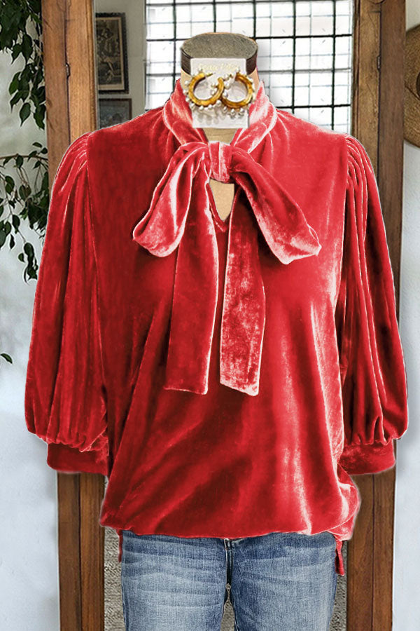 Velvet Puff Sleeves Knotted Neckline Top